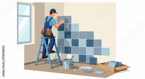 Home renovation vector illustration of a handyman installing blue wall tiles on a ladder in a room with a window, showcasing DIY home improvement.