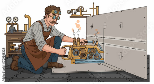 Steampunk inventor crafts elaborate machine, diligently focused on his inventive work. Steampunk inventor works in workshop on his creation. Steampunk inventor concept for creative inspiration.