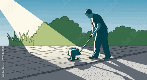 Gardener tamping paving stones with plate compactor machine on sunny day. Landscaping work involves careful placement and leveling of stone surfaces. Concept landscaping for outdoor spaces.
