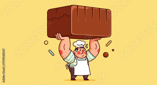 Cartoon chef is carrying cake above his head, demonstrating strong baker skills in dessert preparation. Carrying cake is symbol of hard work in professional pastry.