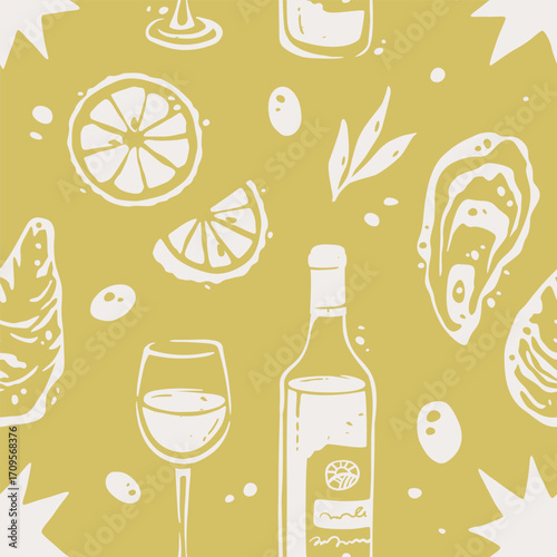 Wine Bottle Wine Glass and Oysters Silhouettes on Yellow Background Seamless Vector