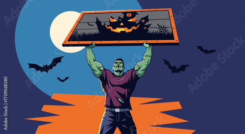 Halloween banner displays muscular man holding spooky scene in decorative frame. Halloween banner evokes Halloween spirit with its creative design and artwork.
