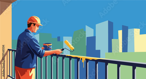 Worker doing home renovation, painting balcony railing yellow with roller. Professional engaged in important home renovation, improving property exterior against city backdrop.