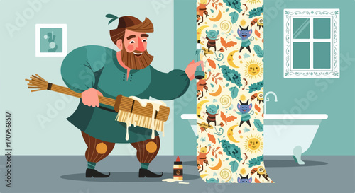 Whimsical vector illustration of a cheerful man applying patterned wallpaper in a bathroom setting. This charming scene depicts home renovation with a playful, artistic touch,