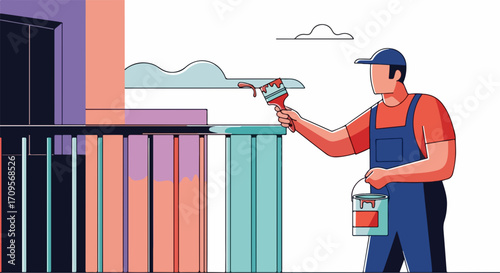 Skilled worker performing house painting, applying fresh coat of paint to outdoor railing. House painting involves careful application of color for home improvement and maintenance.