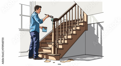 Man performing staircase painting, applying fresh coat to wooden banister. Detailed staircase painting task involves careful brushwork and a can of paint.