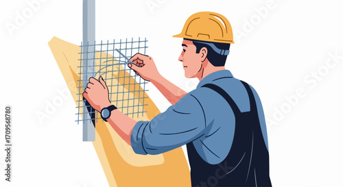 Construction worker wearing hard hat applies mesh to wall surface, performing careful repair. Construction worker uses tools for reinforcement, ensuring quality craftsmanship in building projects.