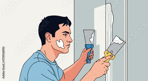 Man doing wall repair, applying spackle to wall surface using metal spatulas. Worker performs diligent wall repair, concentrating on smooth finish.