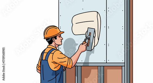 Wall repair with spatula on wall repair illustration for home renovation and construction, depicting spackling on drywall.