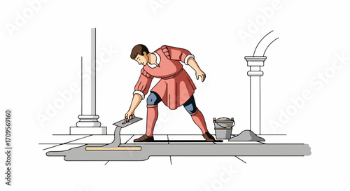 Medieval craftsman working on stone surface in historical scene. Craftsman shaping stone into a smooth surface,