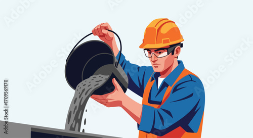 Pouring concrete mix with work man in helmet, construction worker pours concrete mix in formwork for building construction project. He is involved in pouring concrete mix,