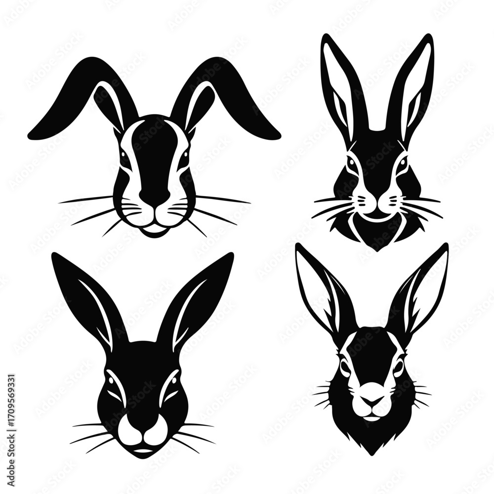 Fototapeta premium Rabbit head illustration set, cute bunny face vector, animal portrait drawing, Easter symbol art, wildlife graphic design