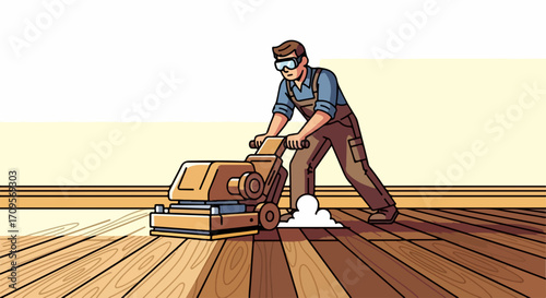 Vector illustration of man sanding wooden floor with floor sander, woodworker using sanding machine. Carpenter working on hardwood floor renovation project.