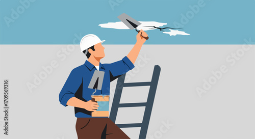 Vector illustration of worker painting wall with roller, construction worker painting, wall painting. Concept for construction and renovation.