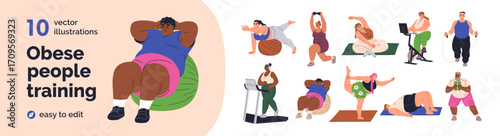 Active fat people exercising, training. Plus-size obese characters at fitness, gym, yoga and sports workouts with ball, dumbbell, treadmill. Flat vector illustrations set isolated on white background