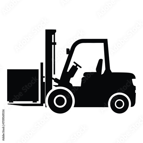 Industrial forklift truck lifting a cargo box for warehouse logistics and material handling silhouette