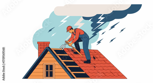 Man repairing roof under storm conditions demonstrates roof repair. Roof repair includes worker, storm, thunderstorm with dark clouds and lightning bolts, demonstrating roof repair concept.