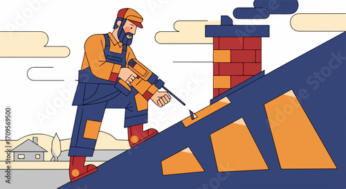 Roofing worker repairing chimney with power tools on sloped roof. Construction worker using hammer drill and safety gear. Concept for home improvement, renovation, or DIY projects.