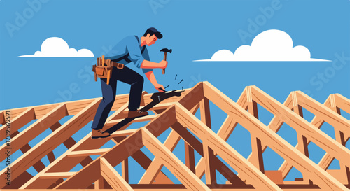 Construction worker building roof with hammer and nails on wooden frame, roofing process. Construction site with worker installing roof trusses, hammering nails. Concept construction industry.