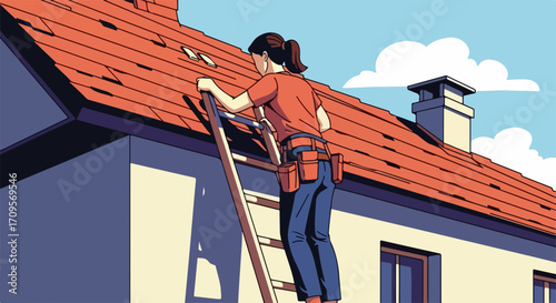 Vector illustration of woman on ladder repairing roof with orange tiles on house exterior. Roof maintenance concept with worker on ladder.
