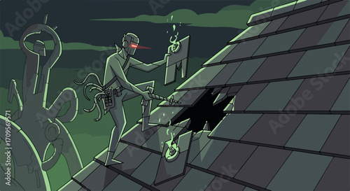 Roofer at work on roof, depicted as dark Roofer repairing roof, working diligently to fix broken tiles, with monster vine crawling onto building in background. Roofer fixes the roof,