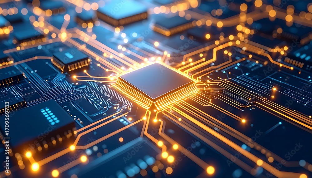 Obraz premium Futuristic CPU Chip with Glowing Circuits Technology with Computer, and Electronic Components.