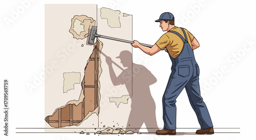 Man in overalls demolishing wall with sledgehammer, destruction process, vector illustration of renovation work.