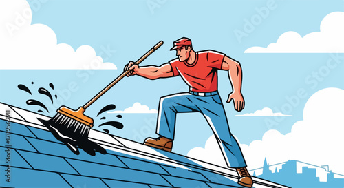 Roof cleaning with man sweeping water and debris from rooftop shingles using long handled broom. Roof cleaning maintenance prolongs roof life and protects home value, a necessary task.