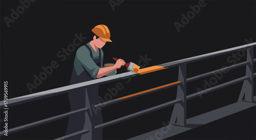 Vector illustration of worker in hard hat welding metal railing on construction site at night.