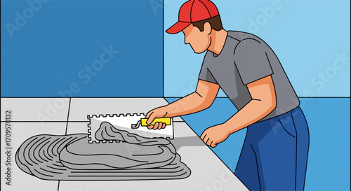 Vector illustration of man tiling with gray tiles and yellow trowel on construction site, applying adhesive. Construction worker in red cap laying tiles on floor.