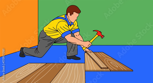 Man installing laminate flooring with hammer, flooring installation process, home renovation concept.