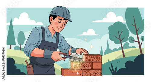 Skilled construction worker in hard hat laying bricks with trowel, detailed vector illustration for industry and building concepts.