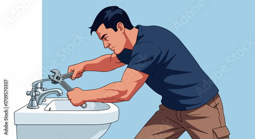 Skilled plumber fixing sink faucet with wrench in vector illustration style. Professional handyman performing plumbing repair work on bathroom fixture.