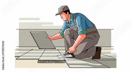 Tiler installing floor tiles with trowel and adhesive, vector illustration of home renovation and construction work.