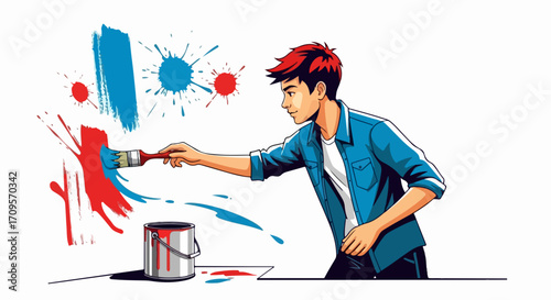 Cartoon painter creates artwork on wall, painting vivid colors with brush, cartoon painter adding vibrant splashes of creativity and artistic expression.