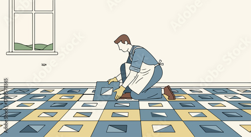 Man laying geometric tiles on floor, vector illustration of home renovation and DIY project. Detailed vector art showing construction and interior design process.