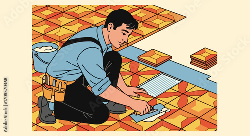 Man installing patterned floor tiles with adhesive and trowel, vector illustration of home renovation project. Professional worker laying down new flooring, creating a clean and modern interior space.