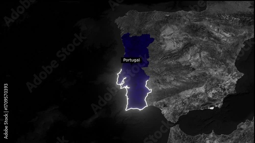 Satellite view of portugal highlighted on a map of europe with a dark background effect style