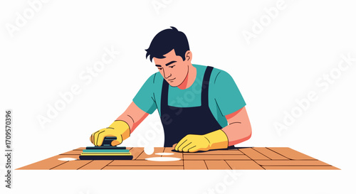 Skilled craftsman sanding wooden floor surface with hand tool, vector illustration of home renovation and repair work.