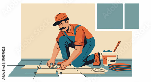 Construction worker installing floor tiles with precision, a skilled artisan laying ceramic tiles for home renovation project. Professional tiling service for interior design and building.