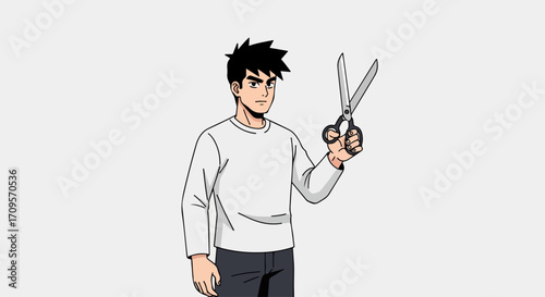 Young man holding large scissors in vector illustration style, ready for action or task.
