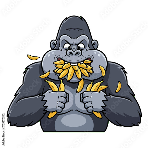 Vivid cartoon illustration of an energetic gorilla character voraciously feasting on a large pile of ripe yellow bananas, expressing immense hunger and delight