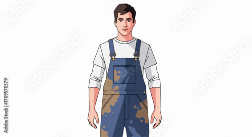 Man in dirty overalls, a construction worker in blue dungarees stained with mud and dirt, standing isolated on white background. Vector illustration of manual labor and hard work.