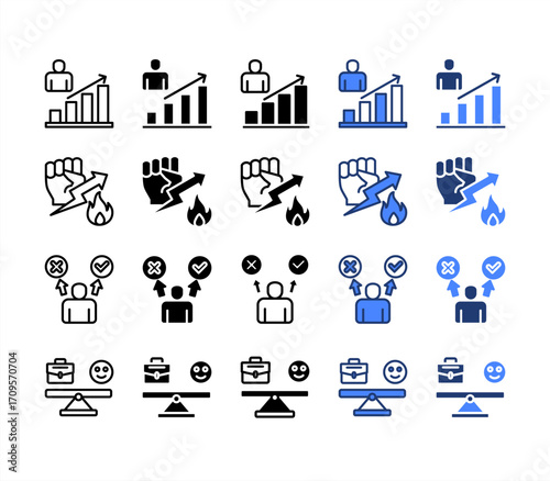 Personal growth, Motivation, Feasibility, Work Life Balance, multiple style icon set.