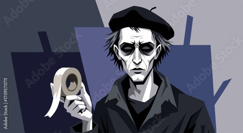Artist with tape roll and beret, artist in black coat and artistic beret displays the tape roll with moody expression. Artist holds tape roll while creating art, using tape in the creative process,