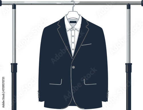 Classic navy blue suit jacket with white shirt hanging on a garment rack, ready for wear.