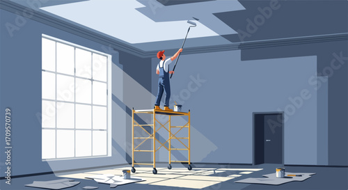 Professional painter in uniform on scaffolding painting ceiling with roller, interior renovation vector illustration.