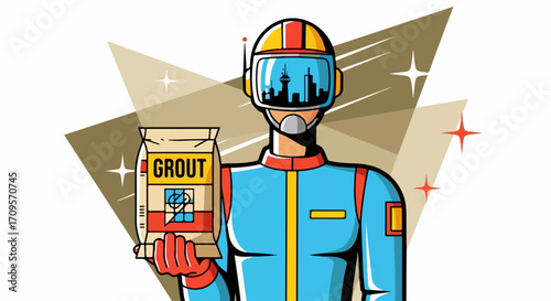 Illustrated astronaut holding grout bag against geometric background, showing home construction material. Construction material features prominently,
