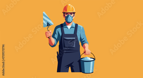 Construction worker in protective gear holding trowel and bucket, vector illustration for industry and safety concepts.