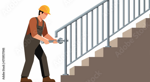 Vector illustration of worker installing handrail on stairs with safety gear. Construction worker in uniform and helmet. Staircase renovation concept.